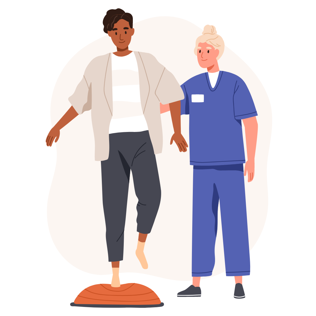 Illustration einer Physiotherapeutin, die einem Patienten bei einer Balanceübung hilft