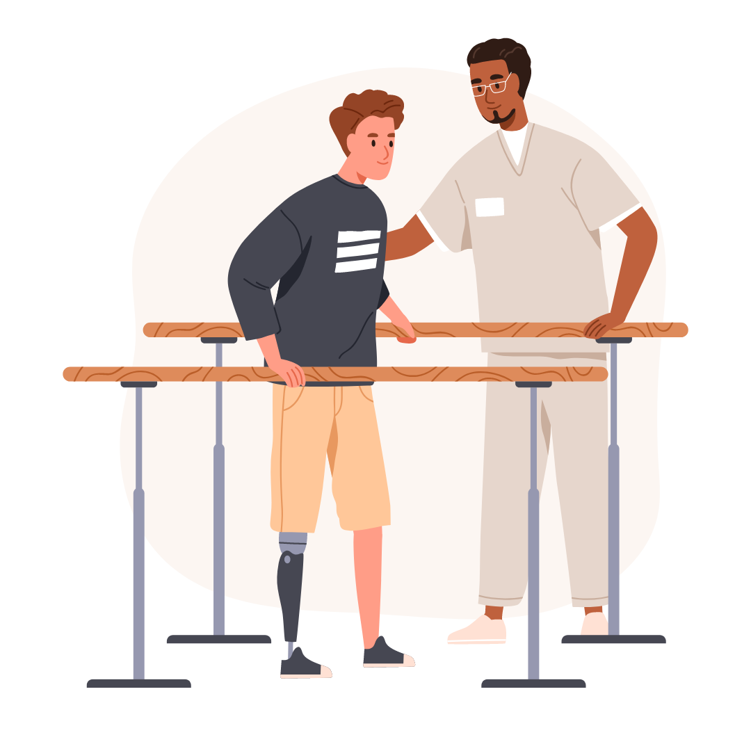 Illustration eines Physiotherapeuten, der einem Patienten mit Prothese bei einer Gehübung hilft