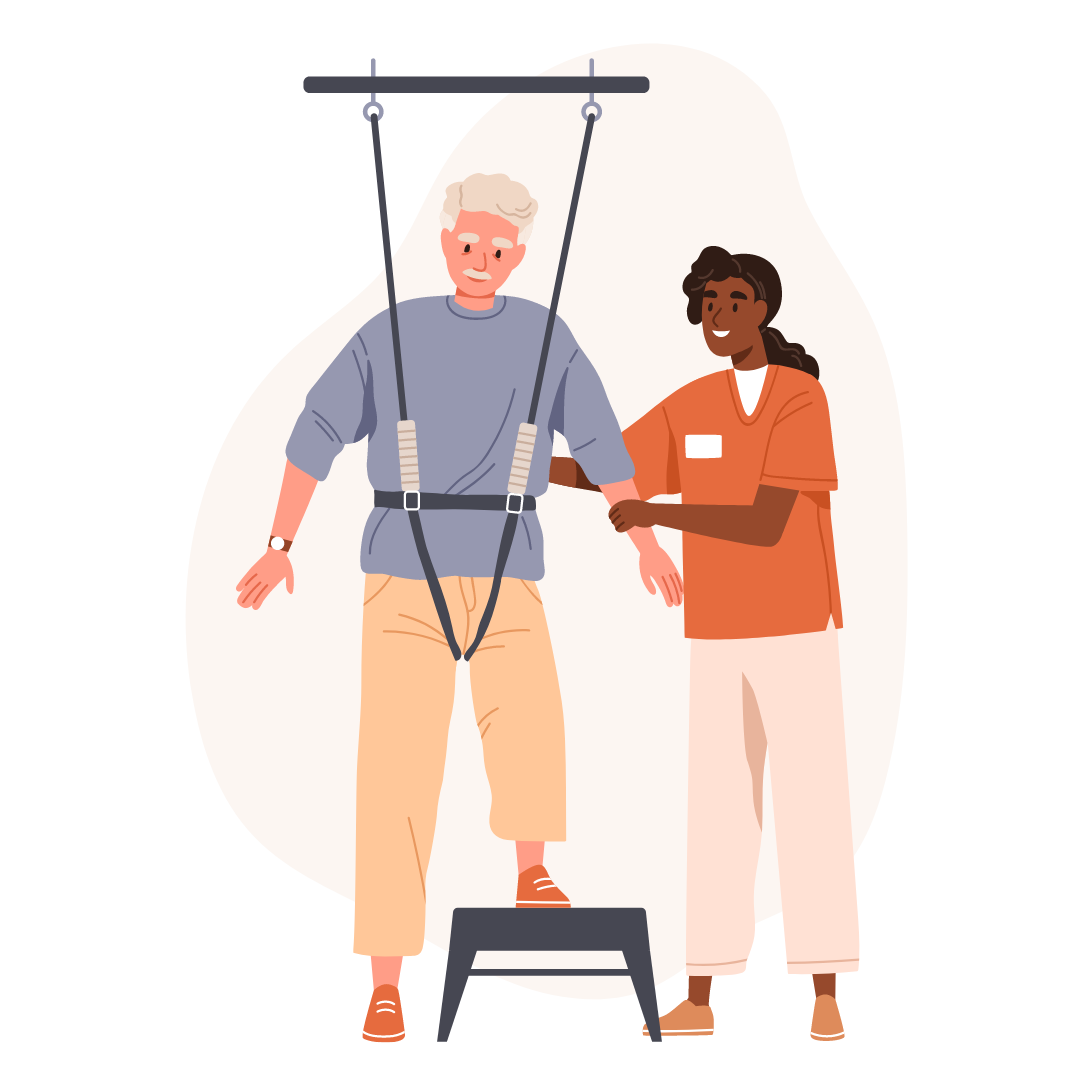 Illustration einer Physiotherapeutin, die einen Patienten bei einer Gleichgewichtsübung unterstützt