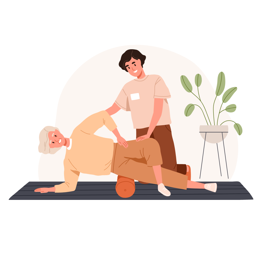 Illustration eines Physiotherapeuten, der eine manuelle Hüftmobilisation bei einer Patientin durchführt